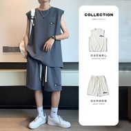 Baju set seluar Sut sukan tanpa lengan, rompi lelaki, seluar pendek, dengan sutera ais cepat kering 