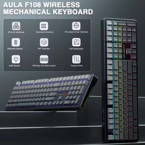 AULA F108 Wireless Keyboard Low-noise Switch Macro Gaming keyboard Gasket Hot-swap Full Size Keyboar