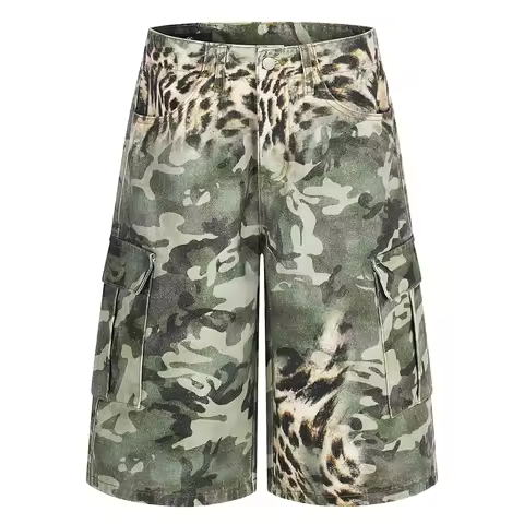 Men’s Camo Leopard Print Denim Shorts Vintage Streetwear Y2K Camouflage Bermuda Jorts Baggy Multi Po