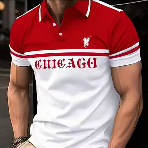 Men's Red/White Polo Shirt - "CHICAGO" Letter Print Polo Pony Logo Slim-Fit Short-Sleeve Stylish Cas