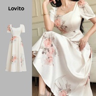Lovito Vintage Dress Ruched Structure Line Zipper Spring/summer White Dress for Women L137ED287 Lovi