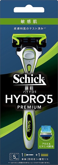 Hydro Schick（Chic）Hydro 5高級敏感皮膚固定器（帶有刀片+1個替換刀片），帶有Skingard 5葉片綠色