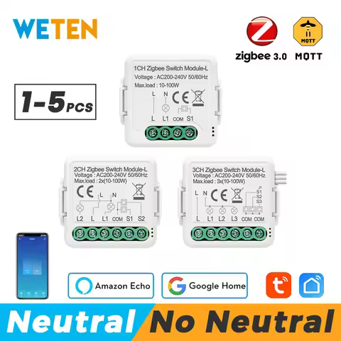 No Neutral Tuya Zigbee 3.0 Smart Light Mini Switch Module 1 2 3 Gang, Support Home Assistant via Zig