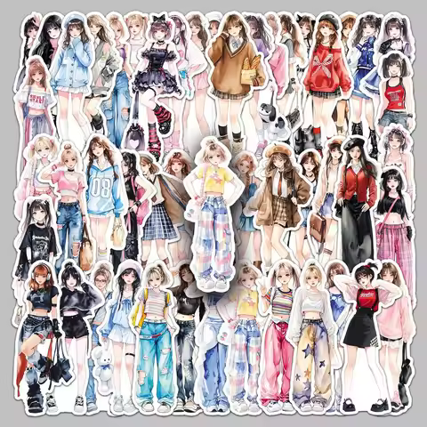 50PCS Unique Fashion Sticker Set - Trendy Clothing Matching Cartoon Decals for Scrapbooking, Compute