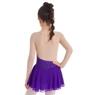 Kids Girls Figure Ice Skating Costume Dress Ballet Dance Wear Leotard Dress Stylish Rhinestone Long 