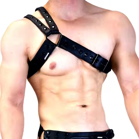 Men's Leather Tri Harness Chest Armor Buckles Adjustable Size Jockstrap Gay Costume.Adjustable Left 