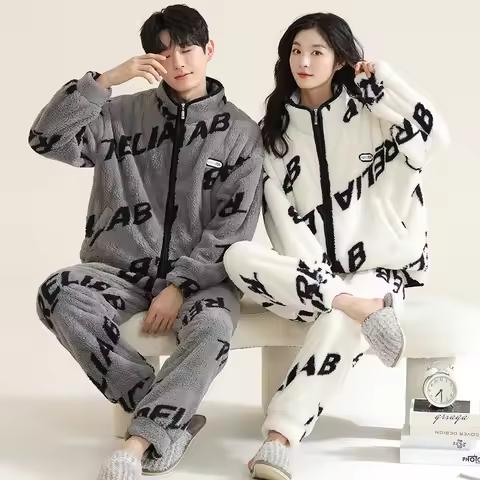 Winter Couple Casual Pajama Set Women and Men Zipper Warm Sleepwear Thick Flannel Pyjamas