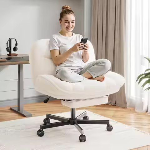 Cross Legged Office Chair with Foot Rest, 6.3" Thick Cushioned Criss Cross Chair with Wheels, Height