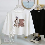 Girls Hyuna Style Short Sleeved T-shirt with Loose Drawstring and Exposed Navel Height