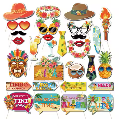 30Pcs Aloha Hawaiian Luau Photo Booth Props Tropical Tiki Aloha Summer Beach Pool Party Decorations 
