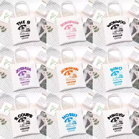 Kpop Nanatour Shoulder Bag Summer Simple White Letter Print Canvas Bag S.Coups Jeonghan Y2k Women's 