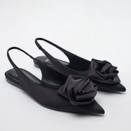 Zara2022 Black Women's Shoes Flat Heel Pointed Toe Sandals Sexy Classy Single Shoes Flower Slingback Flat Shoes Women