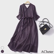 【ACheter】 V木耳領連身裙大碼春夏顯瘦棉麻復古短袖長版洋裝# 116916 M 紫色