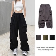 【Malaysia stock】 Large Pocket Women Leisure Cargo Pants Vintage Ankle Banded Pants Loose Straight Wi