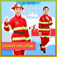 ☢ ▛ ◹ Fireman Costumes For Kids Firefighter Firetruck Career Uniform Work Cosplay Role Play Suit Cl
