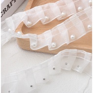 1m Chiffon Gathered Pleated Ruffle Mesh Lace Trim Pearls Beadings Ribbon Fluffy Dress Hemline Shoe S