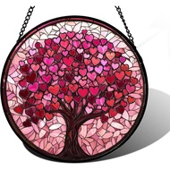 Stained Glass Window Hanging, Birthday Gifts for Women Mom Grandma Nana Wife Couple, Pink Love Tree 