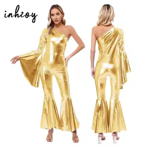 70s 80s Hippie Disco Costume Women Shiny Metallic Bell-Bottom Dance Jumpsuit One Shoulder Flare Slee