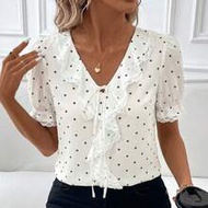 New Arrival Shirt Collar Blouse, Lace Stitching Shorts Sleeve With Ruffled Trim Tie Accent, Contrast