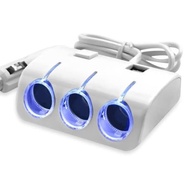 3 Way White Car Lighter - Socket Splitter Dual USB Charger 12V