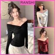 [COTTON TYPE 1] RANSHI Slim Long-Sleeved Off-Shoulder Shirt for Ladies to Wear to Coffee, Soft and C