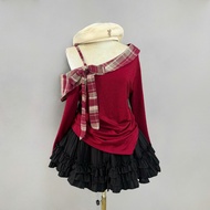 Women's Big Size SET Off Shoulder Long Sleeve T-shirt with Pretty Bow with Ruffled A-Line Skirt - (A