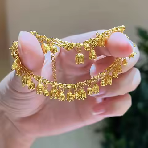 Lily of the Valley Bracelet for Women, 24K Gold, AU999 | 3D gold flowers with pearl/diamond accents,
