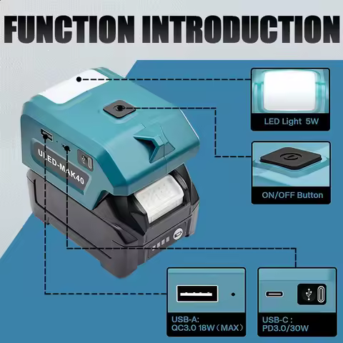 Lithiu Battery Parts Adapter USB Type-C Charger 5W LED Work Light for Makita for GreenWorks for Blac