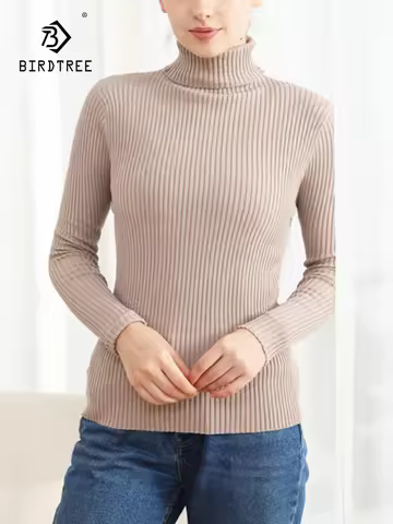 Birdtree 64.3% Silk 12.5%Sheep Wool Knitted Underwear Elastic High Neck Versatile Layering Warmth Sl