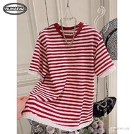 - M-4XL Stripe Lace Hem Tshirt Women Plus Size Loose Casual Short Sleeve Top