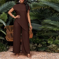 2025 New Women's Brown Minimalist Short Sleeve Top And Pants 2 Pieces Set Fall Clothes For Women Bus