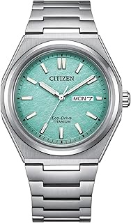 Citizen Super Titanium turquoise background AW0130-85M Eco Drive solotempo men's watch