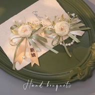 Corsage Green Lawn Wedding Groom Bride Bridesmaid Wrist Flower Pearl Fresh Groomsmen Brooch Placket 