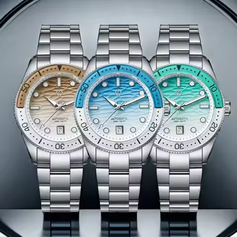 WISHDOIT Men's Automatic Dive Watch With Ocean Blue And White Ripple Dial 8215 Movement Sapphire Gla