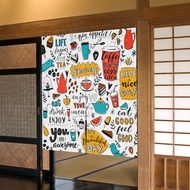 Coffee Shop Door Curtain Cafe Doodle Teapot Cup Food Print Japanese Partition Curtain Kitchen Entrance Hanging Half-Curtains