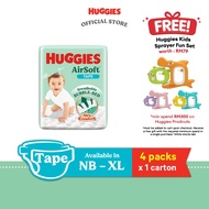 [Bundle of 4] HUGGIES AirSoft Tape NB68/ S58/ M52/ L44/ XL38 - Breathable and soft premium diapers f