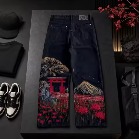 Samurai Embroidery Men Jeans Y2K Retro Harajuku Street Hip Hop High Waist Straight Pants Unisex Wide