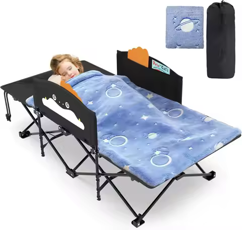 Portable Toddler Bed with Cartoon Handrail, Folding Cot for Camping & Travel, 56" Extra Long, Suppor