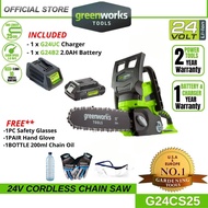 Greenworks G24CS25 24V Cordless 10'' Chainsaw (2 Year Warranty) Gergaji Kayu Chain Saw battery Chainsaw