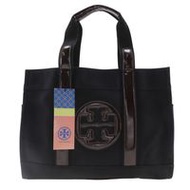二手 Tory Burch 托特包，黑色/棕色棉質琺瑯材質。可單肩/手提，A4 尺寸。女款。