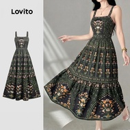 Lovito Elegant Dress National Style Resort Style Texture Spring/summer Army Green Dress for Women LK