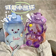 Botol Air Bear Beruang Bening Lucu dengan Tali Jerami/ Cangkir Teh Gelembung Susu Kapasitas Besar B