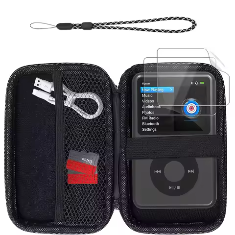 4-in-1 Carrying Case (Lanyard & Carabiner)+2Pcs Clear Soft Screen Protectors for Apple iPod Classic 