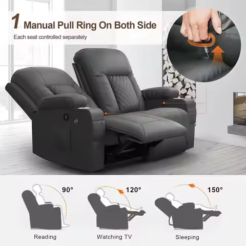 Loveseat Recliner Sofa, 2 Seater Reclining Loveseat Sofa, PU Leather RV Loveseat Couch, Modern Recli