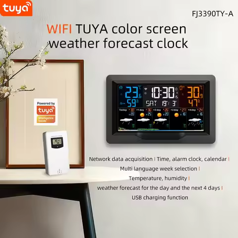 WIFI Weather Station TUYA Digital Alarm Clock Wall Indoor Outdoor Temperature Humidity 5 Days Foreca
