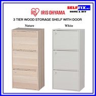 Iris Ohyama Color Box 3 Tier Wood Storage Book Shelf with Door (Nature/White) (CX33D)