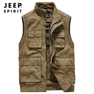 JEEP SPIRIT เสื้อกั๊กผู้ชายแบบเรโทรแจ็คเก็ตหลายกระเป๋าเสื้อกั๊กพักผ่อนกลางแจ้งปีนเขา