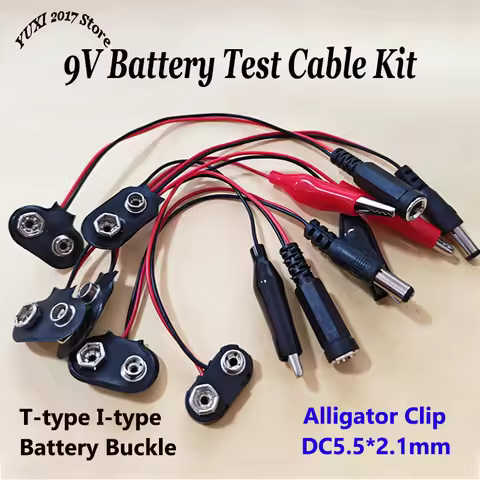 9V Battery Clip Cable Kit T/I Type 6F22 Square Battery Connector to Alligator Clip DC2.1mm Plug 15cm