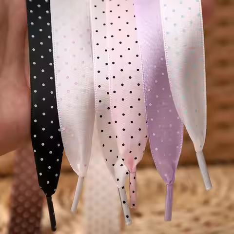 Polka Dot Silk Ribbon Flat Shoelaces with Heat-Pressed Aglet, Replacement Laces for Casual Board Sho