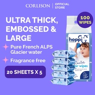Hoppi Premium Baby Glacier Water Wipes / Baby Wipes / Wet Wipes / Wet Tissue - 20 Wipes x 5 Packs